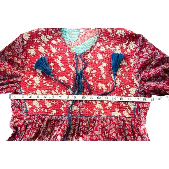Indian Boho Block Print Hand Stitched Red Kantha Bodice Maxi Dress Sz Small - Picture 8 of 11